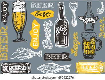 Hand drawn doodle beer set. Pattern with beer