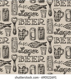 Hand drawn doodle beer set. Pattern with beer