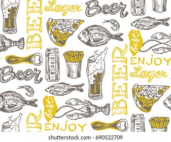Hand drawn doodle beer set. Pattern with beer