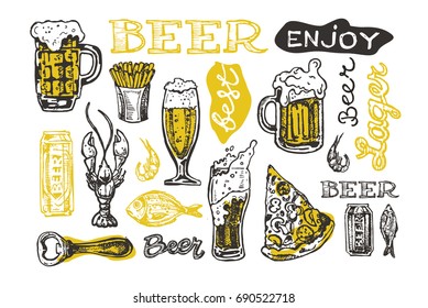 Hand drawn doodle beer set.