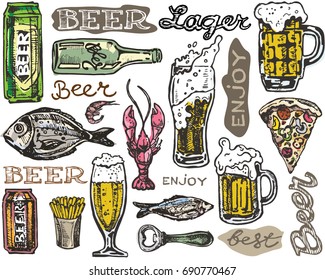 Hand drawn doodle beer set. Pattern with beer