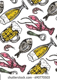 Hand drawn doodle beer set. Pattern with beer