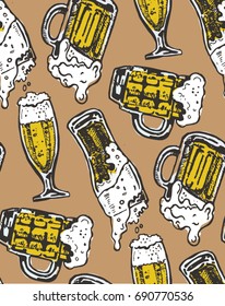 Hand drawn doodle beer set. Pattern with beer