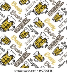 Hand drawn doodle beer set. Pattern with beer