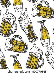 Hand drawn doodle beer set. Pattern with beer