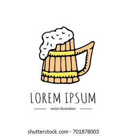 Hand drawn doodle of beer wooden mug icon. Vector illustration. Cartoon Craft Beer production symbols. Sketchy brewing element for pub, bar equipment Glass of beer isolated on white background