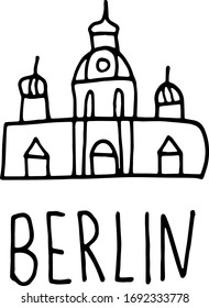 doodle dibujado a mano Catedral de Berlín y letras. Ciudad de Alemania con su asociación. ilustración vectorial aislada en fondo blanco.