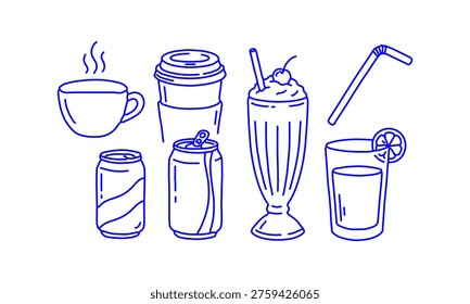 Hand Drawn Doodle Beverage Icons Set Coffee Soda Milkshake Smoothie Juice Sketch Style Drink Collection Blue Line Art