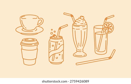 Hand Drawn Doodle Beverage Icons Set with Coffee Cup Soda Can Milkshake Juice and Drinks Sketch Style Cafe Menu Collection