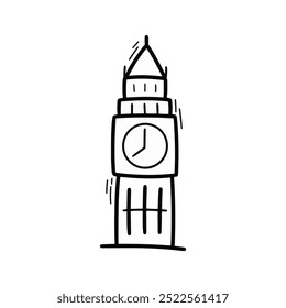 Desenho à Mão Doodle Big Ben Ilustração. Contorno preto bonito Londres Inglaterra Reino Unido Landmark Adesivo Clip Art Ícone no fundo branco Vetor EPS 10