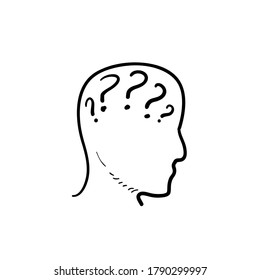 hand drawn doodle Big head with question marks inside brain icon vector