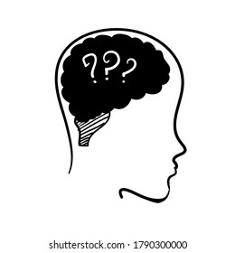 doodle dibujado a mano Cabeza grande con signos de interrogación dentro del vector del icono cerebral