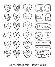 Hand drawn doodle big set of hearts and inscription plates. Vector drawing lines of hearts and frames. Use for patterns, scrapbooking, stickers, coloring pages, valentines day cards.