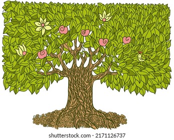 Hand drawn doodle big tree with fruits and green leaves. Vector abstract big tree with green leaves isolated on white background illustration