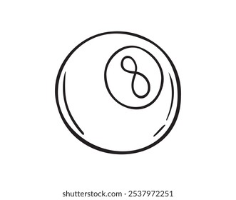 Handgezeichnete Doodle Billard Ball Nummer 8 Symbol. Kontur einzeln Billardball Nummer acht auf weißem Hintergrund. Vektorgrafik