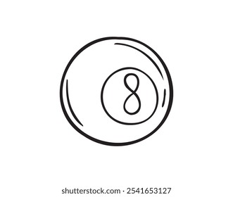 Hand drawn doodle billiard ball number 8 icon. Outline isolated billiard ball number eight on white background. Vector illustration