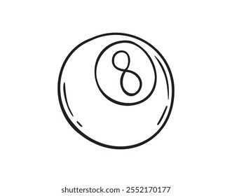 Hand drawn doodle billiard ball number 8 icon. Outline isolated billiard ball number eight on white background. Vector illustration