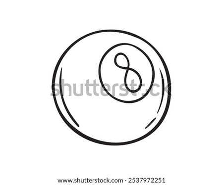 Hand drawn doodle billiard ball number 8 icon. Outline isolated billiard ball number eight on white background. Vector illustration