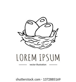 Hand drawn doodle Bird nest with eggs with branches and leaves icon Vector illustration sketchy traditional symbol Cute cartoon concept element. Isolated image on white background