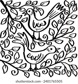 Hand drawn doodle bird and tree branch. Vector illustration.