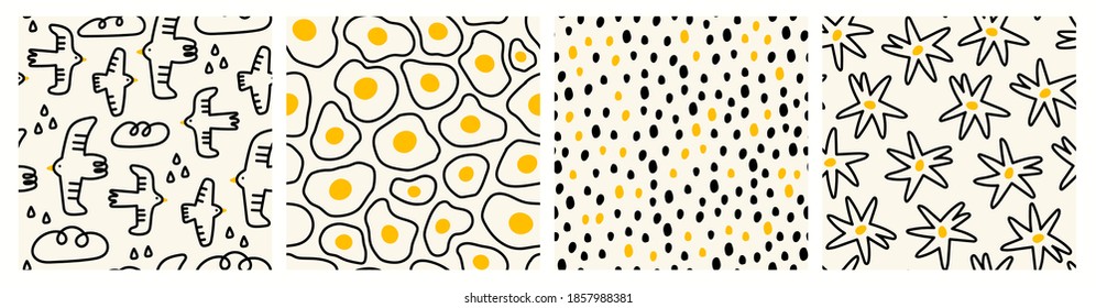 Hand drawn Doodle Birds, Fried eggs, Flowers or Stars, Dots. Trendy Vector illustrations. Set of four Square abstract Seamless patterns. Background, Wallpaper, wrapping paper templates.