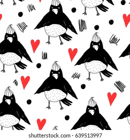 Hand drawn doodle birds. Graphic vector seamless pattern. Birds, dots and hearts