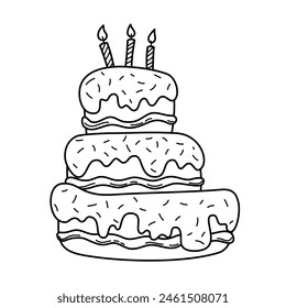 Hand drawn Doodle Birthday cake with candles. Simple Outline vector illustration isolated on a white background. Editable stroke element