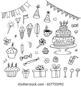 hand drawn Doodle birthday cake, sweets, ice cream, gifts