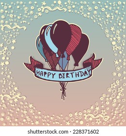 hand drawn doodle birthday card with balloons, colorful background