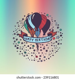 hand drawn doodle birthday card with balloons, colorful background