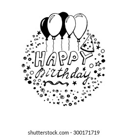 hand drawn doodle birthday card with balloons, black on white background