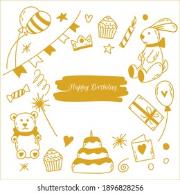 Hand drawn doodle birthday party card. Vector illustration with cake, candle, garland, bunny, teddy bear, gift box and bows, card, crown, stars, sparklers, confetti.