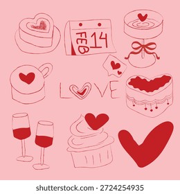 Iconos dibujados a mano del cumpleaños y del partido del garabato fijados con la torta, los regalos, las bebidas, las cintas, la bola del disco, y los Elementos caprichosos de la celebración en estilo del contorno de Antiguas