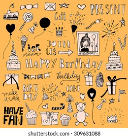 Hand drawn doodle birthday set. 