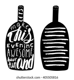 Hand drawn doodle black alcohol bottle logo, banner with lettering quote and gurnge textures. Lets make this evening awesome and have fun. Bottle logo for bar, cafe, menu ,restaurant, pub