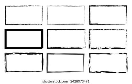 Hand drawn doodle black frame collection. Set of rectangle frames for text drawn with brush. Isolated text box. Caligraphic frames. Doodle rectangular shape. Line border. Vector illustration. 