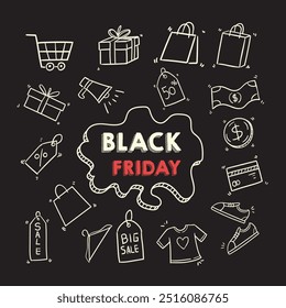 Hand Drawn Doodle Black Friday banner template set, elements Vector Illustration Set.