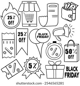 Conjunto de iconos de Black Friday dibujados a mano. rebajas y descuentos. Ilustración vectorial. doodle conjunto de iconos de viernes negro varios tipos de descuentos