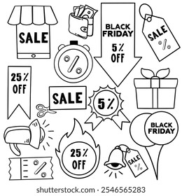 Conjunto de iconos de Black Friday dibujados a mano. rebajas y descuentos. Ilustración vectorial. doodle conjunto de iconos de viernes negro varios tipos de descuentos