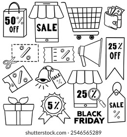 Hand drawn doodle Black Friday icon set. sales and discounts. Vector illustration. doodle set of black Friday icons various kinds of discounts