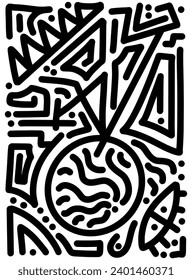 Hand drawn doodle with black lines, creative abstract illustration suitable for stickers, drawing books, covers, isolated on white background