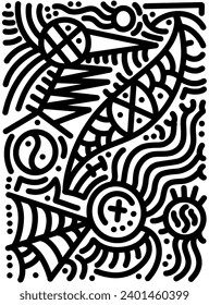 Hand drawn doodle with black lines, creative abstract illustration suitable for stickers, drawing books, covers, isolated on white background