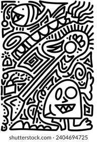 Hand drawn doodle with black lines, creative abstract illustration suitable for stickers, drawing books, covers, isolated on white background