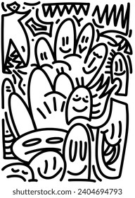 Hand drawn doodle with black lines, creative abstract illustration suitable for stickers, drawing books, covers, isolated on white background