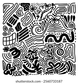 Hand drawn doodle with black lines, creative abstract illustration suitable for stickers, drawing books, covers