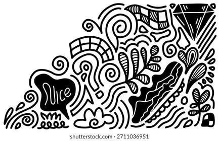 Handgezeichnetes Doodle mit schwarzen Linien, kreative abstrakte Illustration geeignet für Aufkleber, Malbücher, Cover
