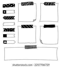 Hand drawn doodle black and white note paper and sticky tape