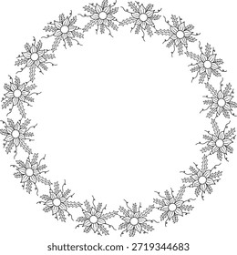 Hand drawn doodle black and white floral wreath circle frame illustration