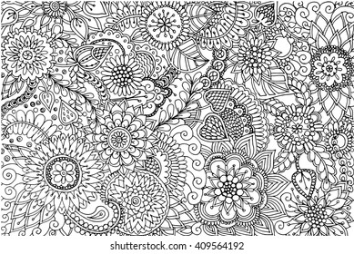 Hand Drawn Doodle. Black And White Background With Flowers. Art Therapy. Floral, Ethnic, Hand Drawn Elements For Design. Good For Coloring Book For Adults Or Design Of Wrapping And Textile.