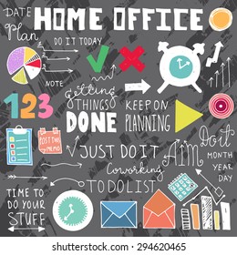 Hand drawn doodle blackboard grange home office time management set of icons. Vector elements. 